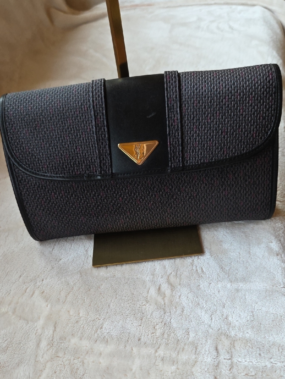 Yves Saint Laurent Navy Textured Shoulder Clutch with Gold YSL Accent
